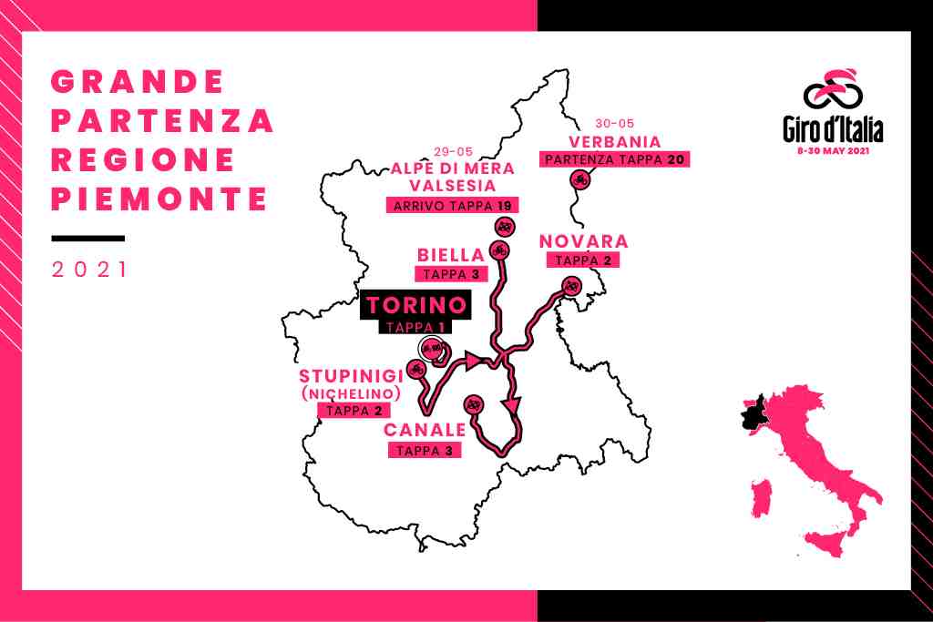 Ecco il percorso completo del Giro d'Italia in Piemonte. Si parte l'8 maggio